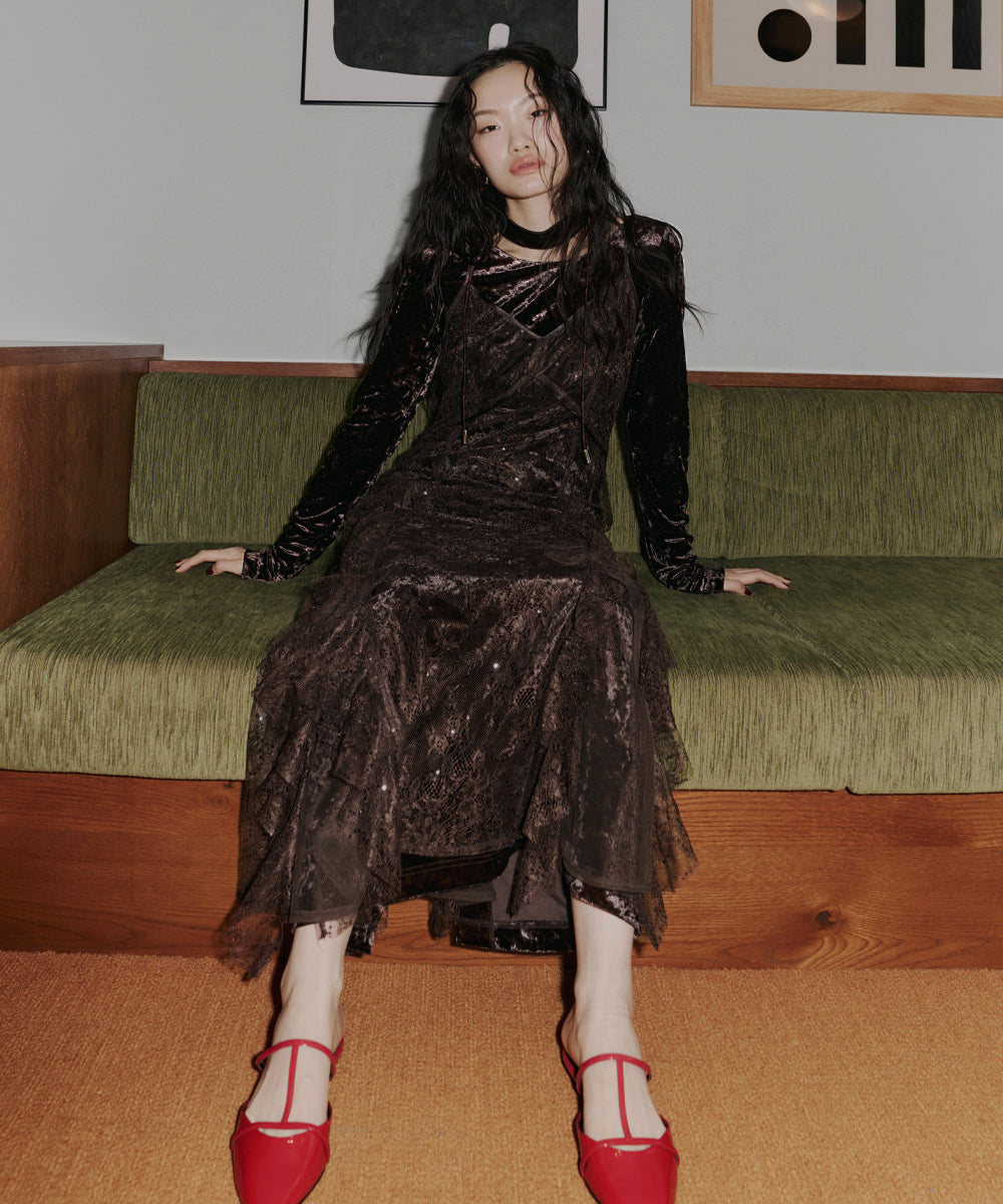 ANDRESD アンドレスドスパークルレースベロアドレス Lサイズ　ブラック SPARKLE LACE VELOUR DRESS