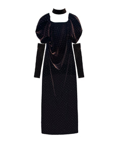 GRINT VELOUR DRESS ダークブラウン 正面全身物撮り画像