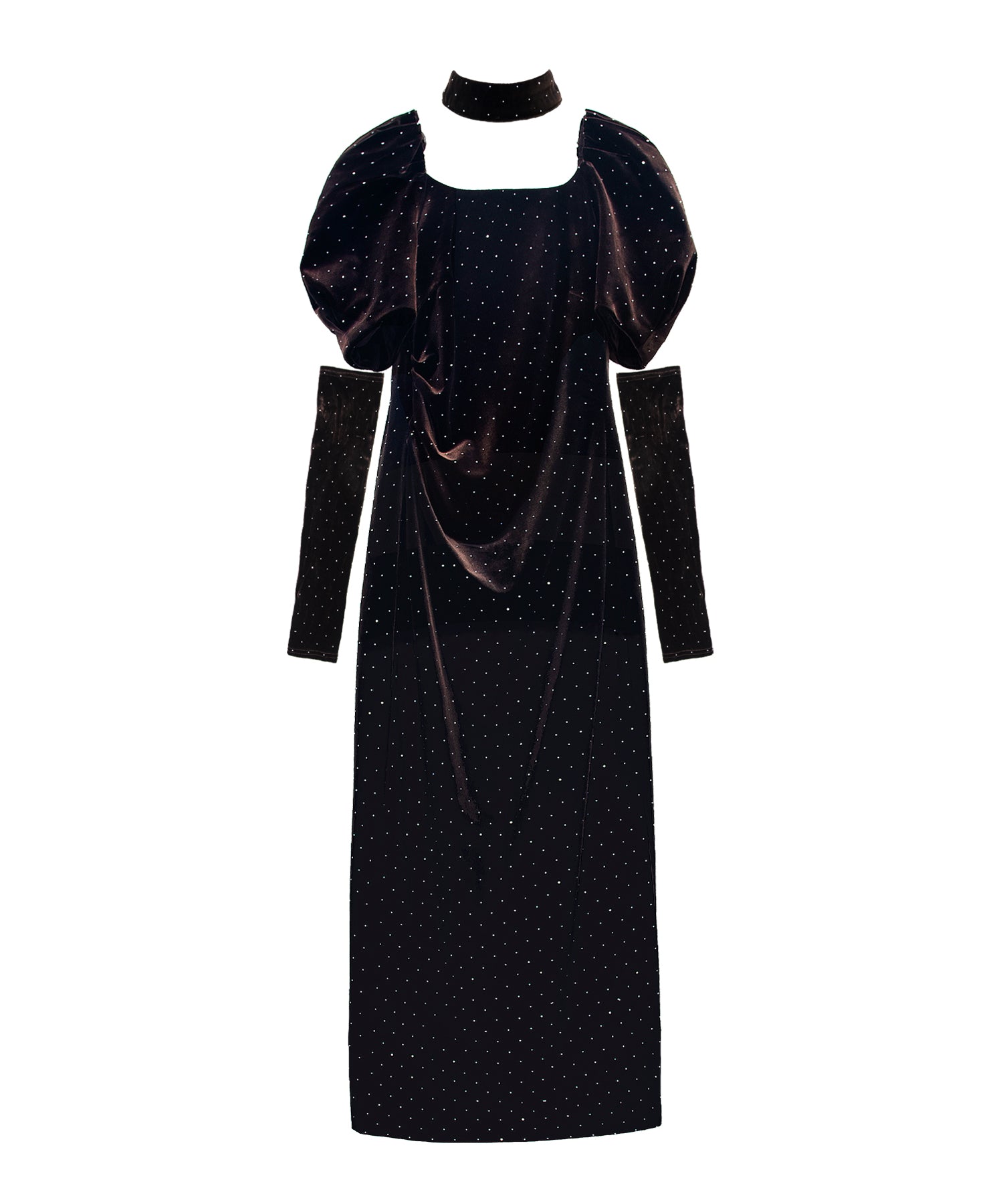 GRINT VELOUR DRESS ダークブラウン 正面全身物撮り画像