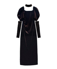 GRINT VELOUR DRESS ダークブラウン 正面全身物撮り画像