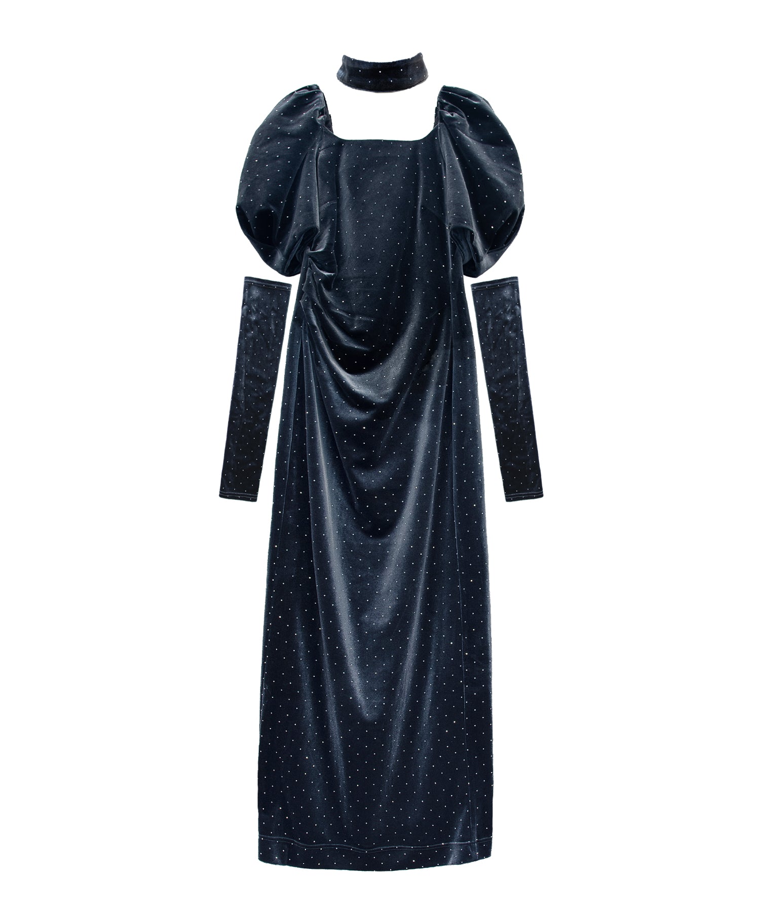 GRINT VELOUR DRESS チャコール 正面全身物撮り画像