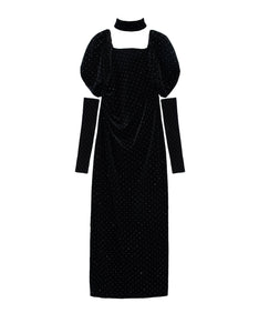 GRINT VELOUR DRESS ブラック 正面全身物撮り画像