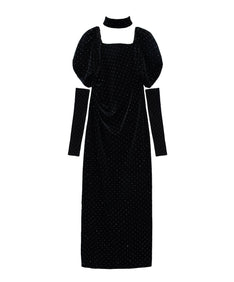 GRINT VELOUR DRESS ブラック 正面全身物撮り画像