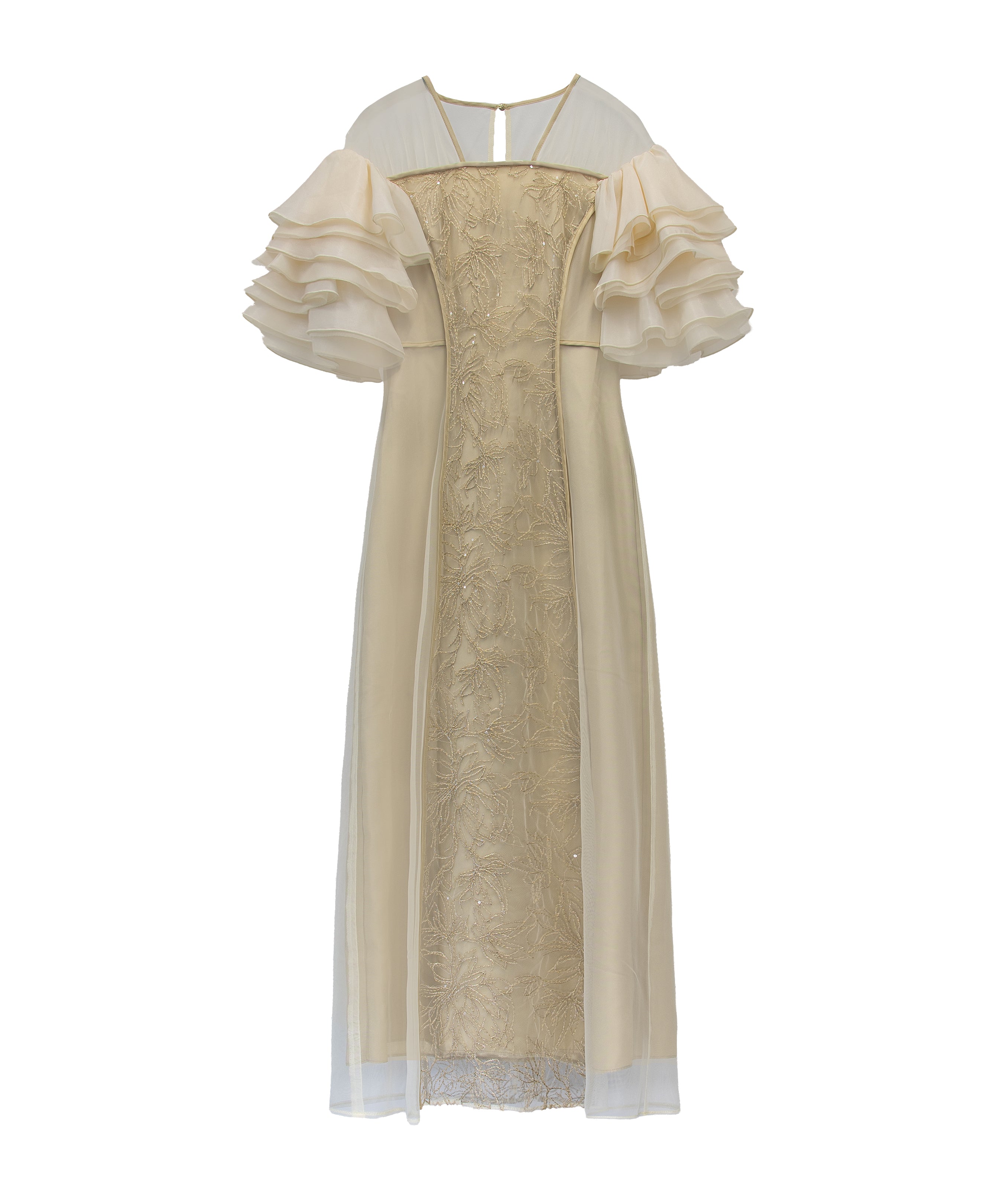 SPANGLE RUFFLE DRESS イエロー正面全身物撮り画像