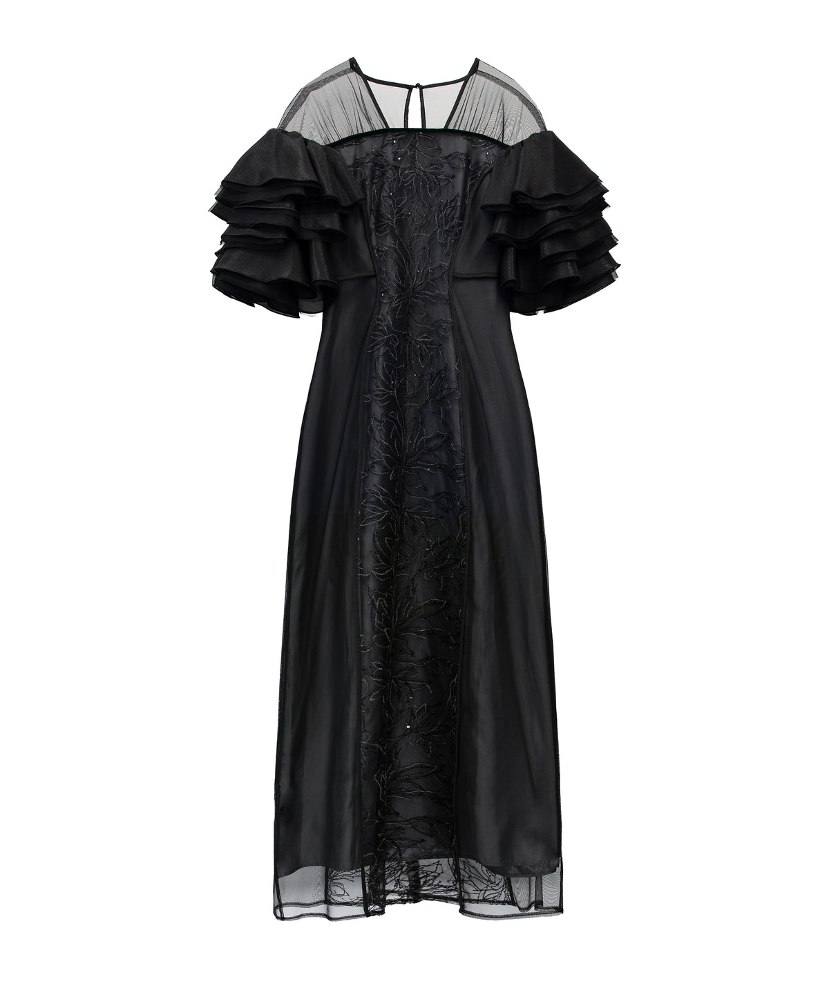 SPANGLE RUFFLE DRESS ブラック 正面全身物撮り画像