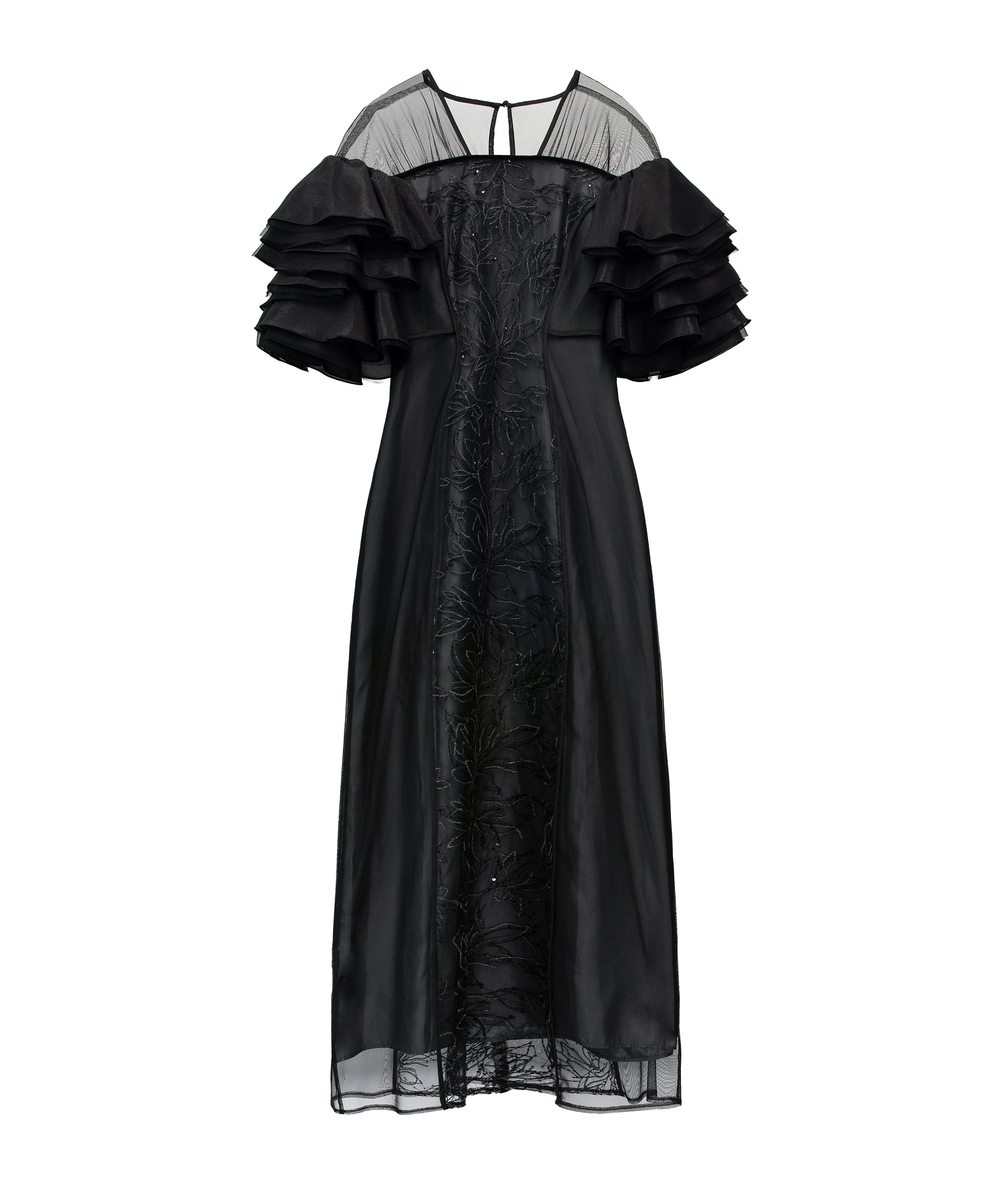 SPANGLE RUFFLE DRESS ブラック 正面全身物撮り画像