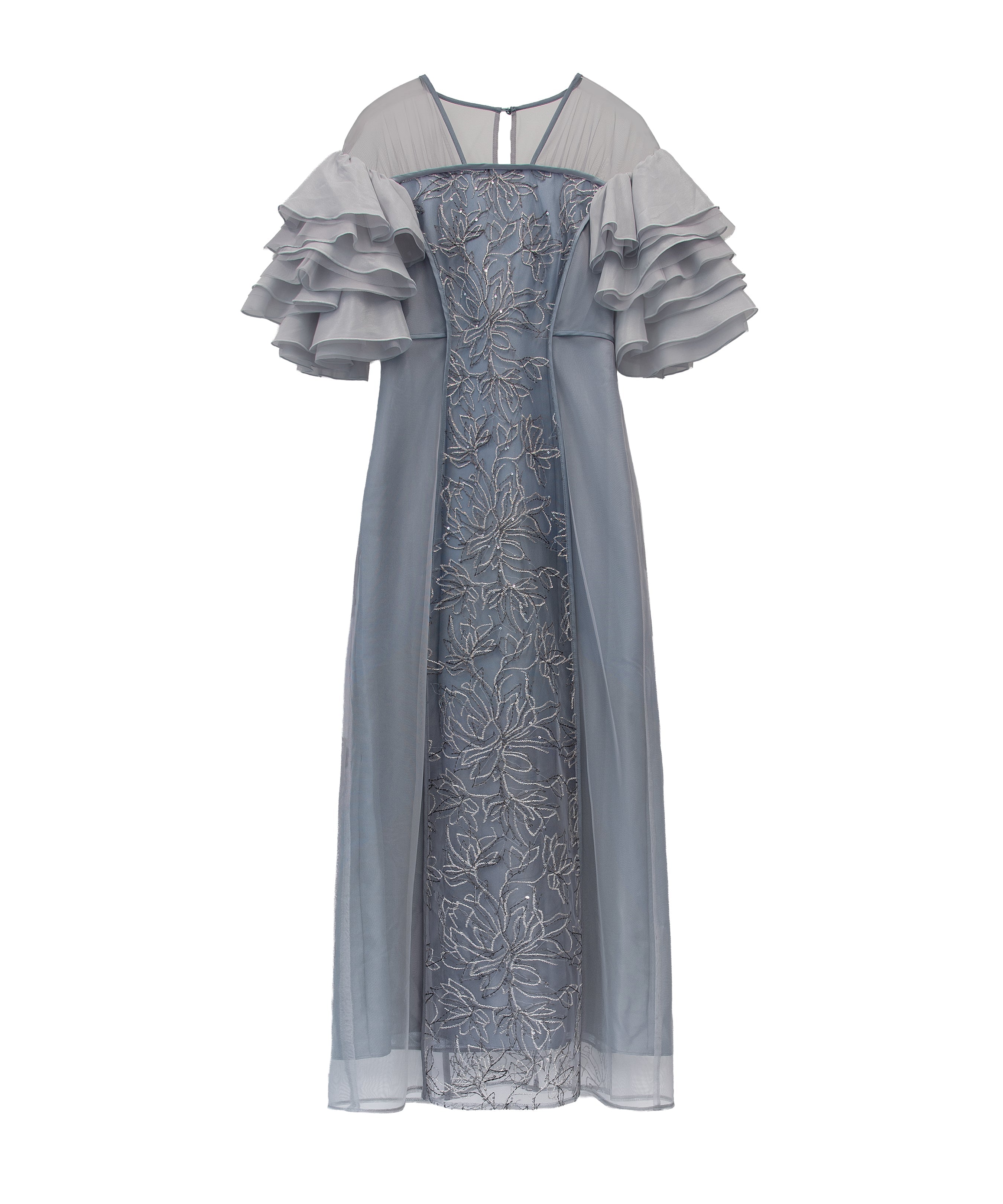 SPANGLE RUFFLE DRESS グレー 正面全身物撮り画像