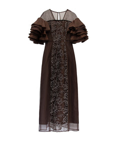 SPANGLE RUFFLE DRESS ブラウン 正面全身物撮り画像