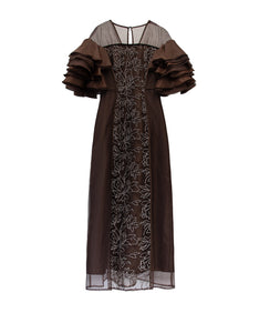 SPANGLE RUFFLE DRESS ブラウン 正面全身物撮り画像