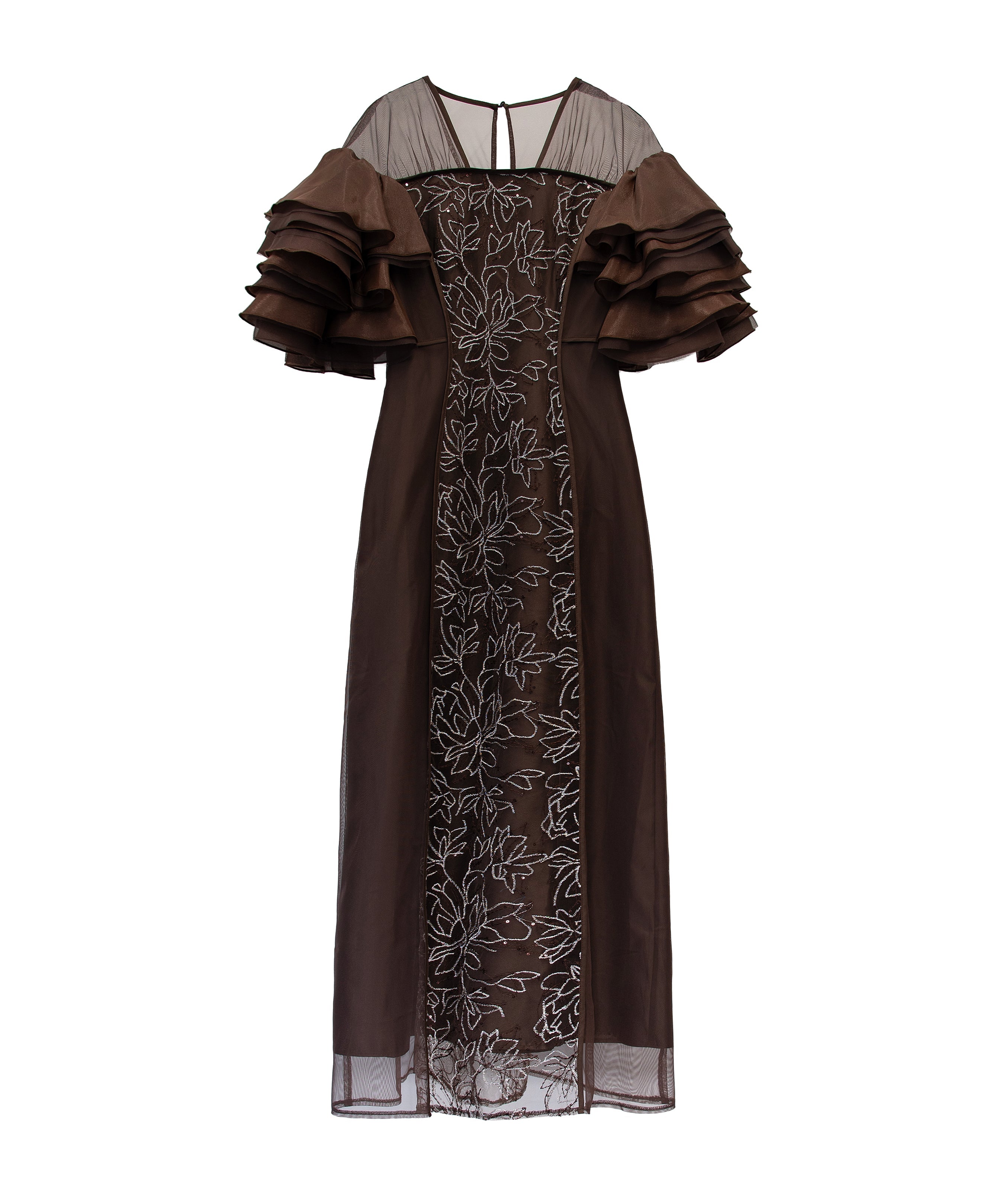 SPANGLE RUFFLE DRESS ブラウン 正面全身物撮り画像