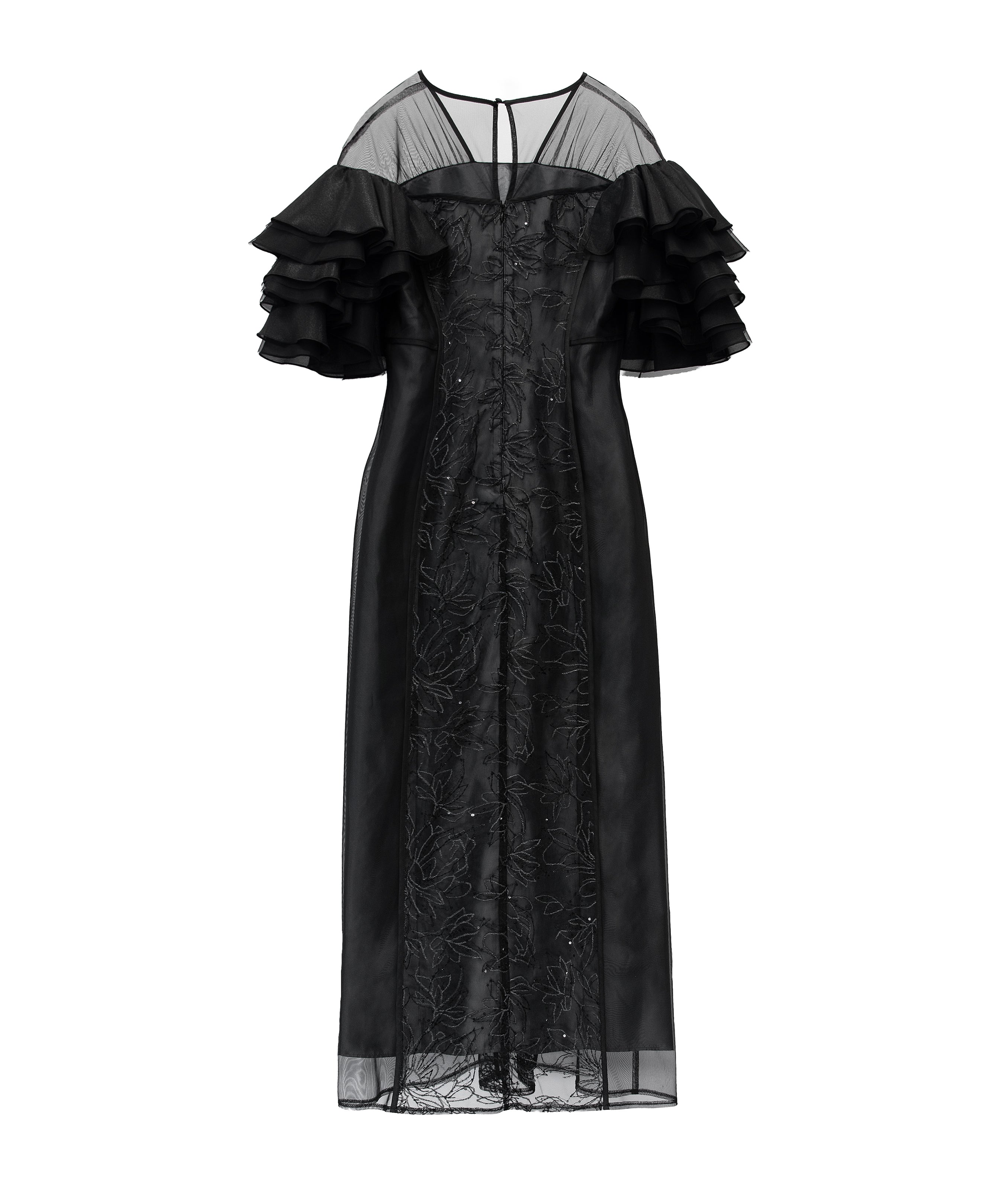 SPANGLE RUFFLE DRESS ブラック 背面全身物撮り画像