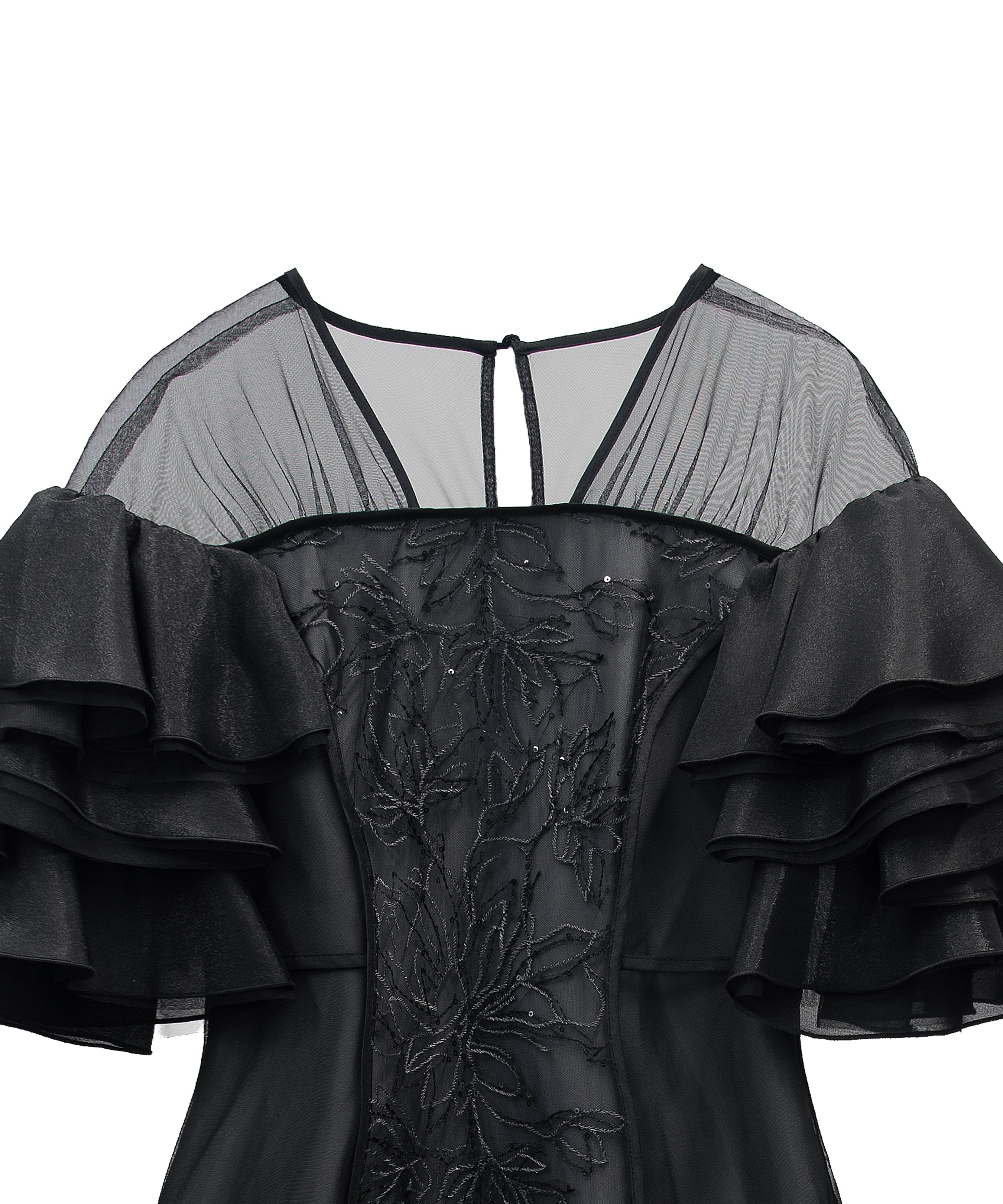 SPANGLE RUFFLE DRESS ブラック 正面アップ物撮り画像