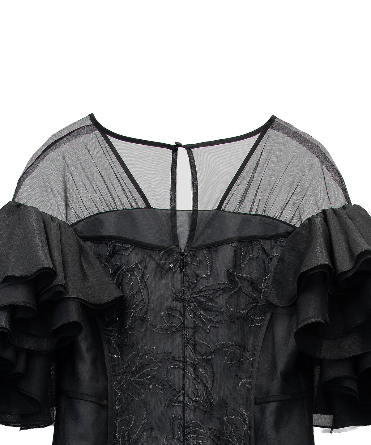SPANGLE RUFFLE DRESS ブラック 背面アップ物撮り画像