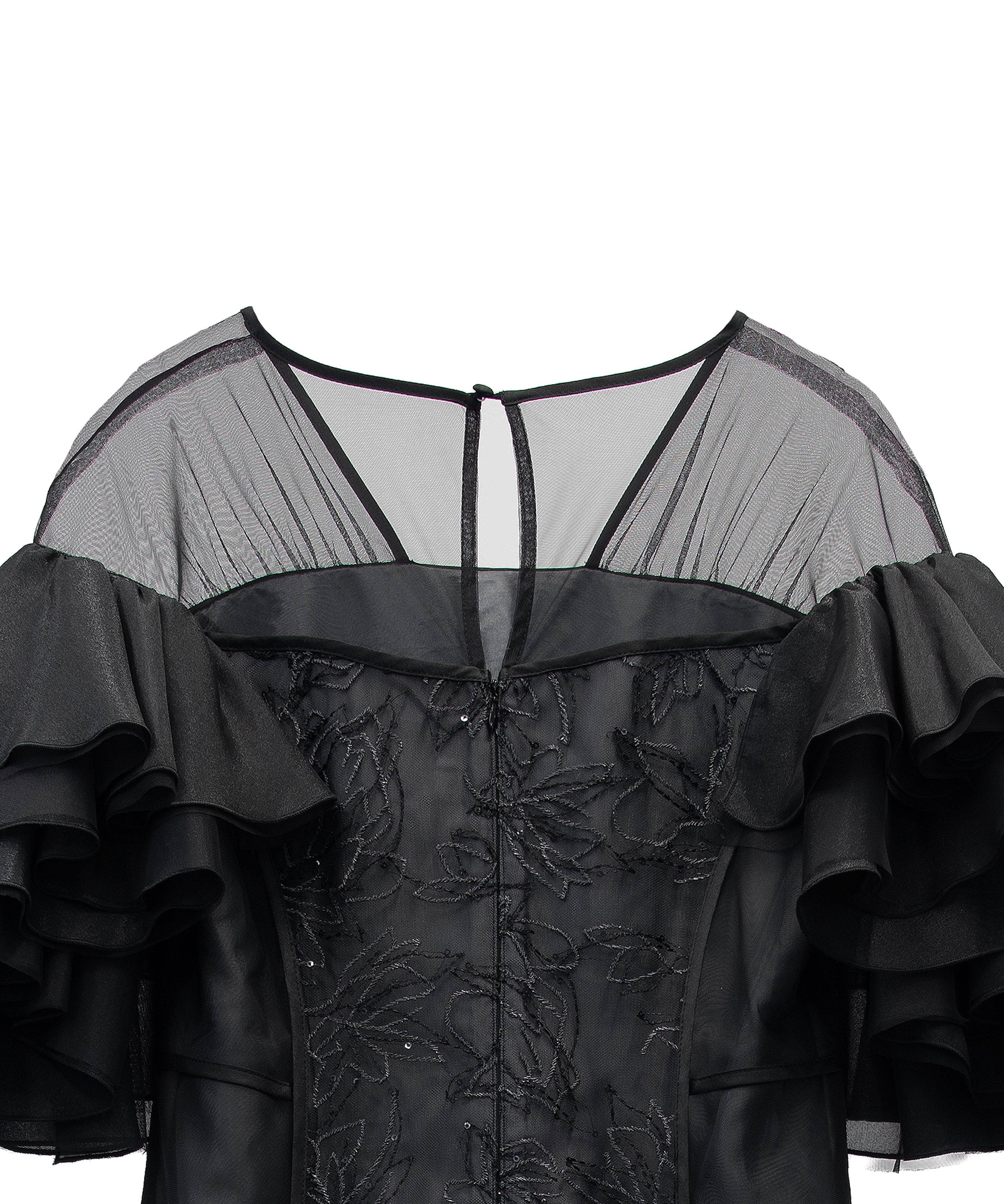 SPANGLE RUFFLE DRESS ブラック 背面アップ物撮り画像