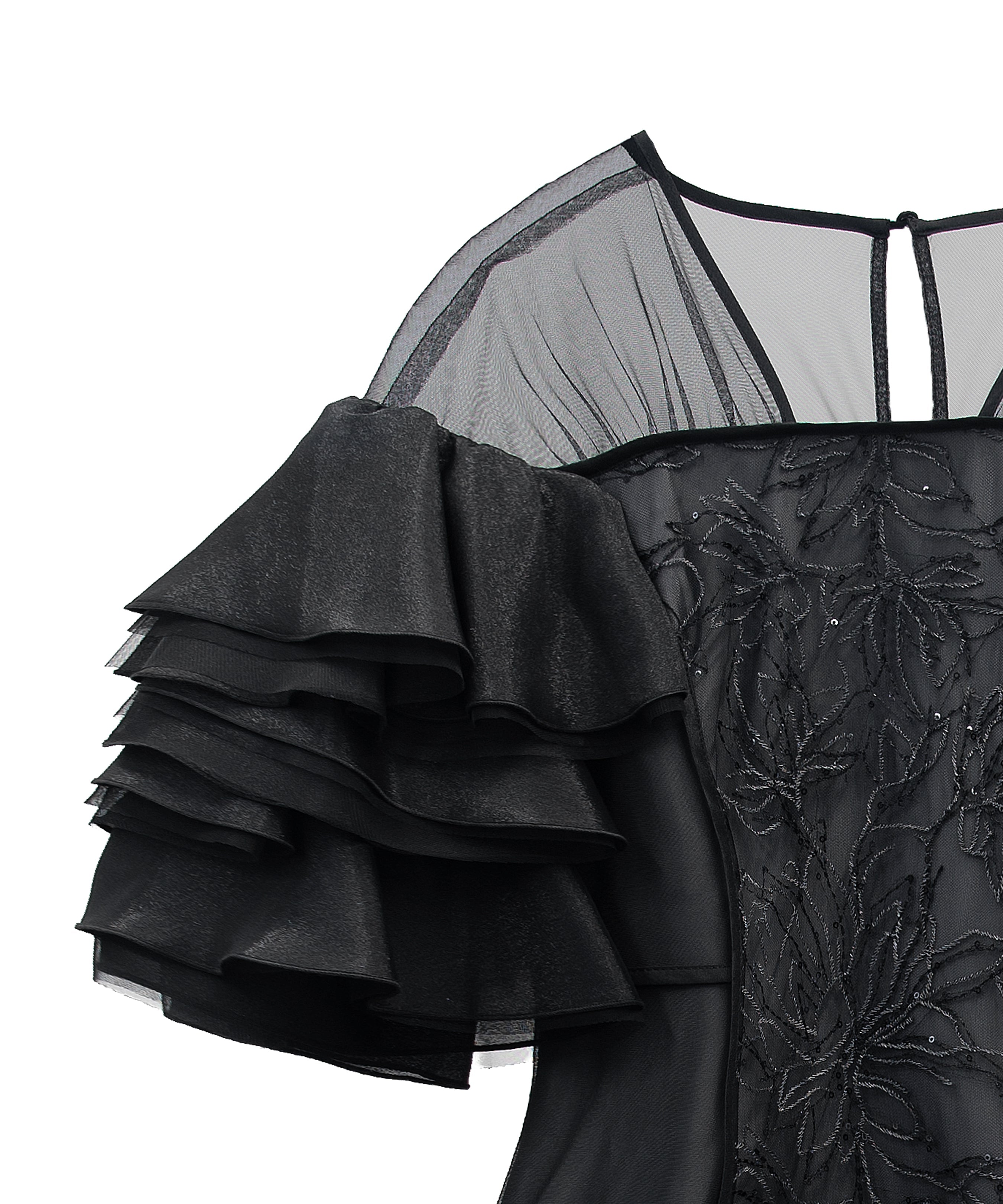 SPANGLE RUFFLE DRESS ブラック 正面アップ物撮り画像