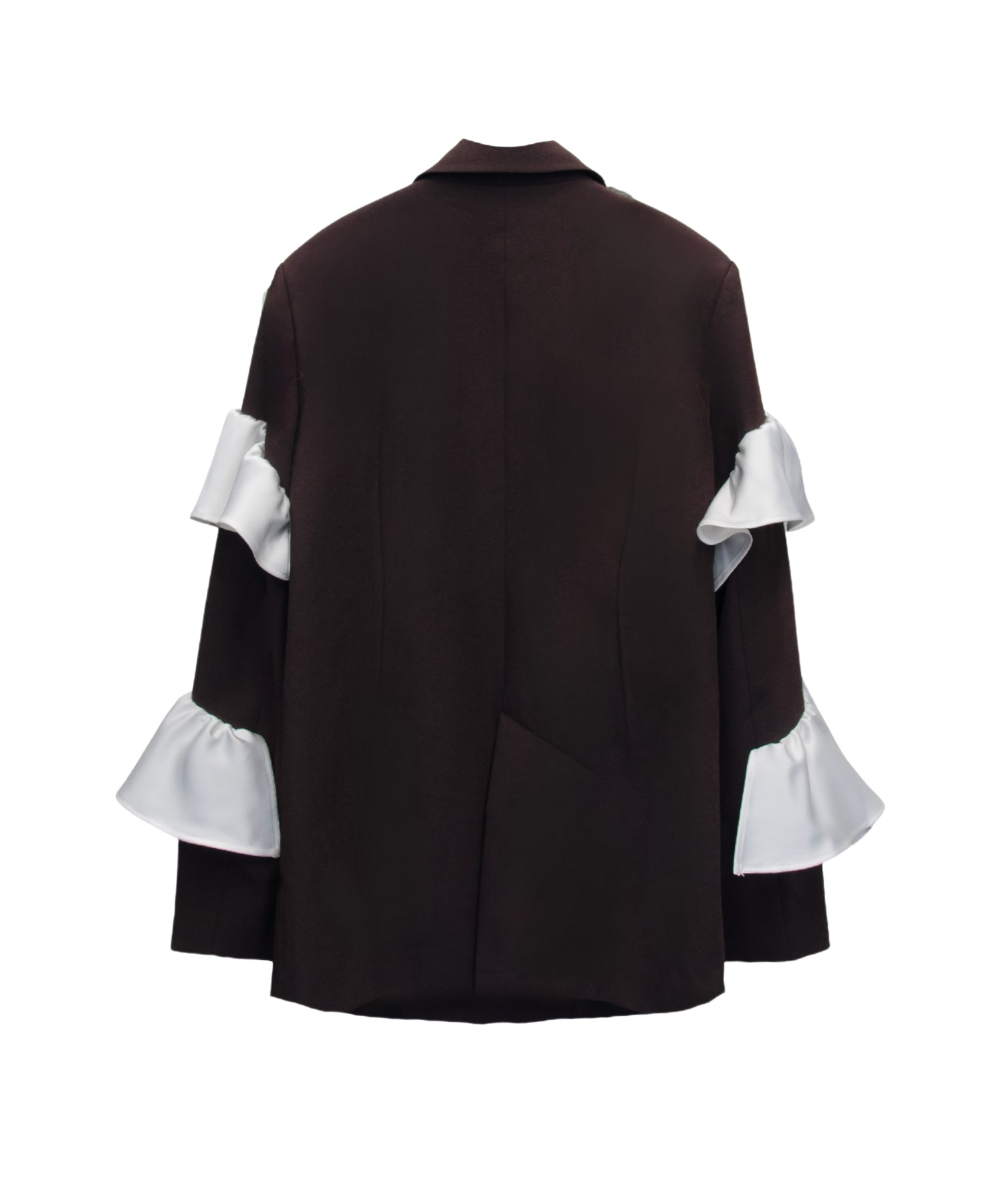 FRILL PEAKED LAPEL JACKET ブラウン 背面物撮り画像