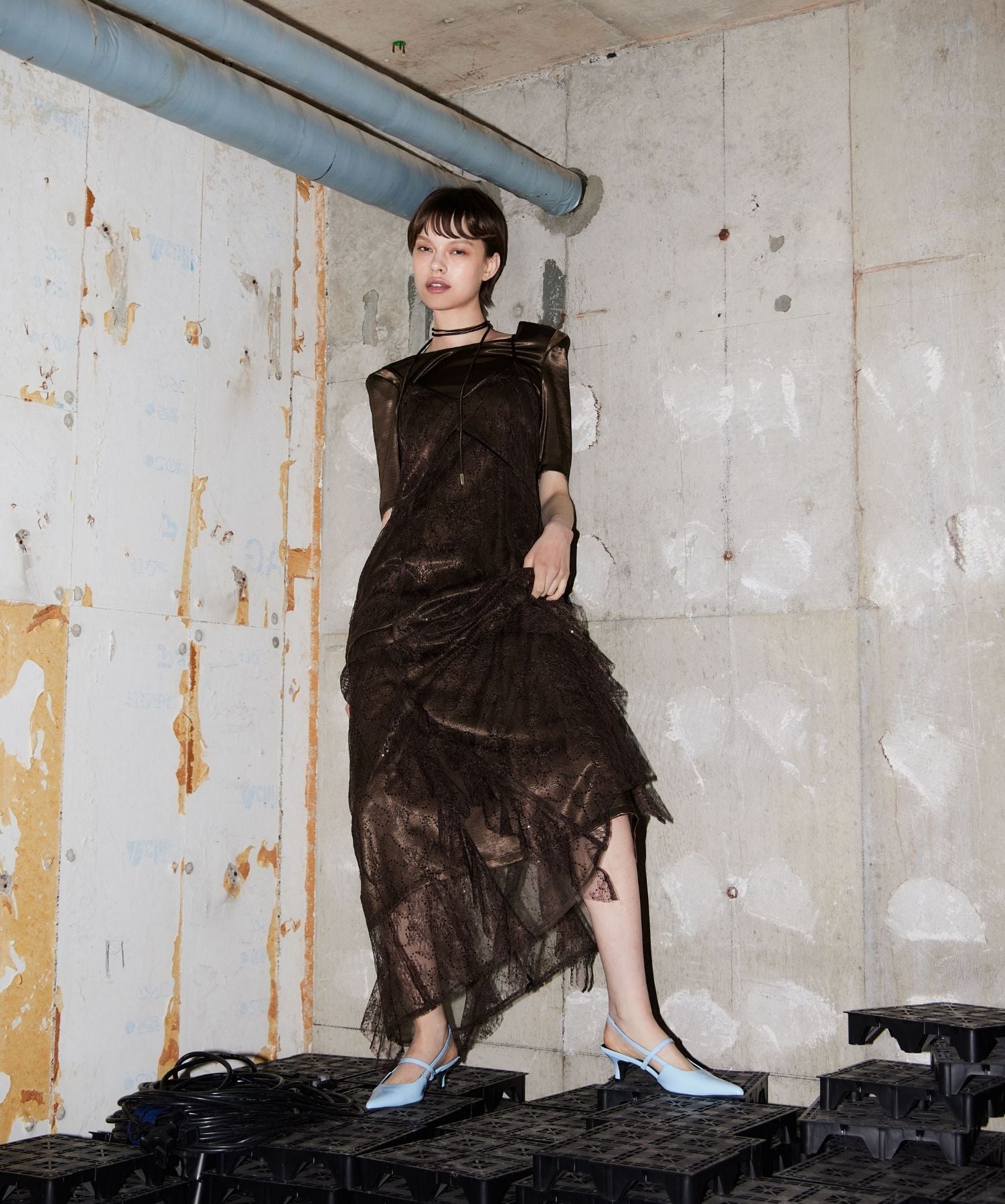 sparkle lace satin dress ブラウン SPARKLE LACE SATIN DRESS