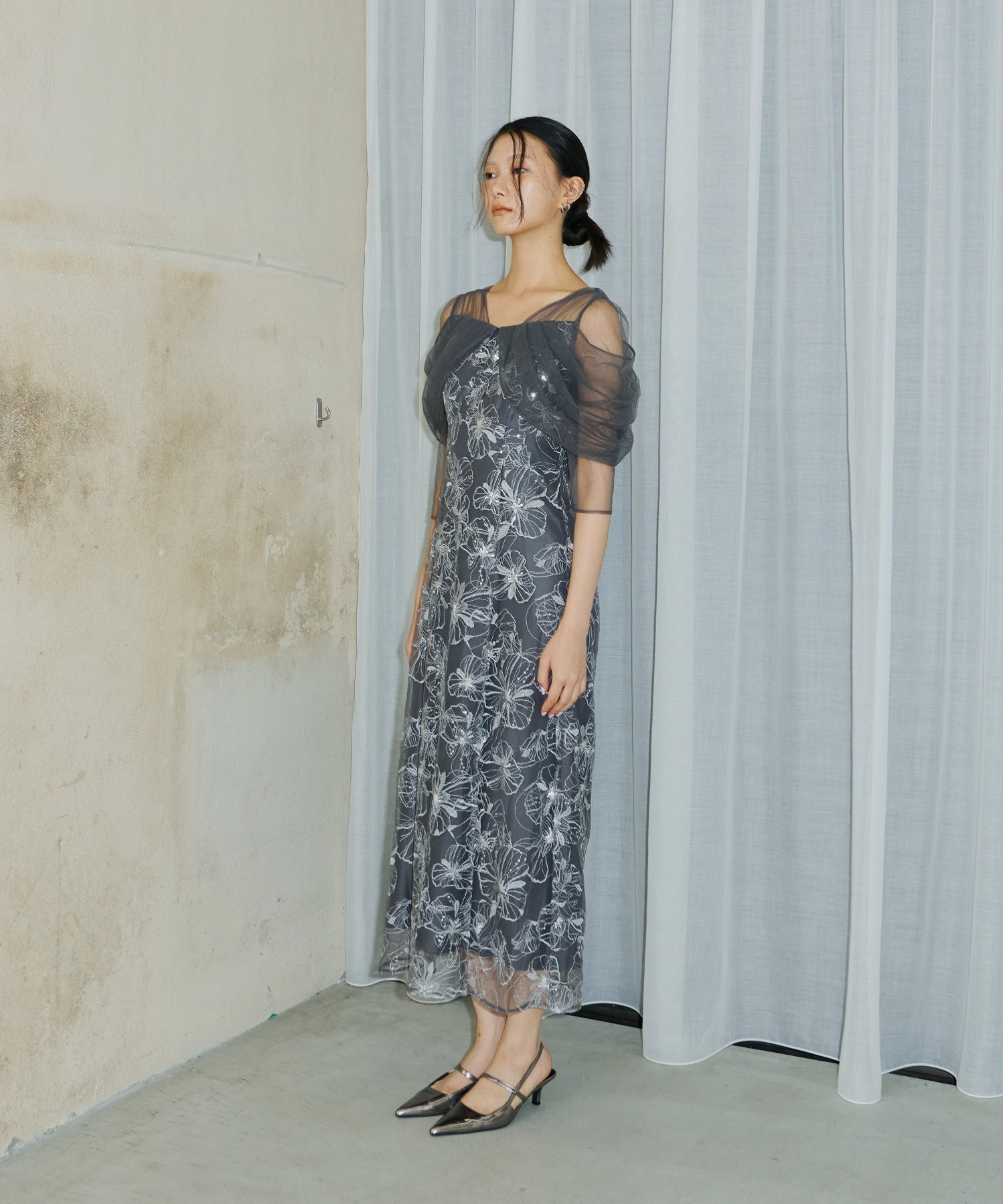 TULLE DRAPE SPANGLE DRESS