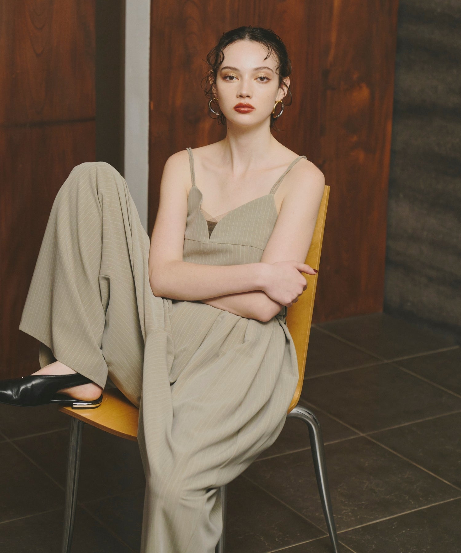 PINSTRIPE BUSTIER WIDE PANTS DRESS