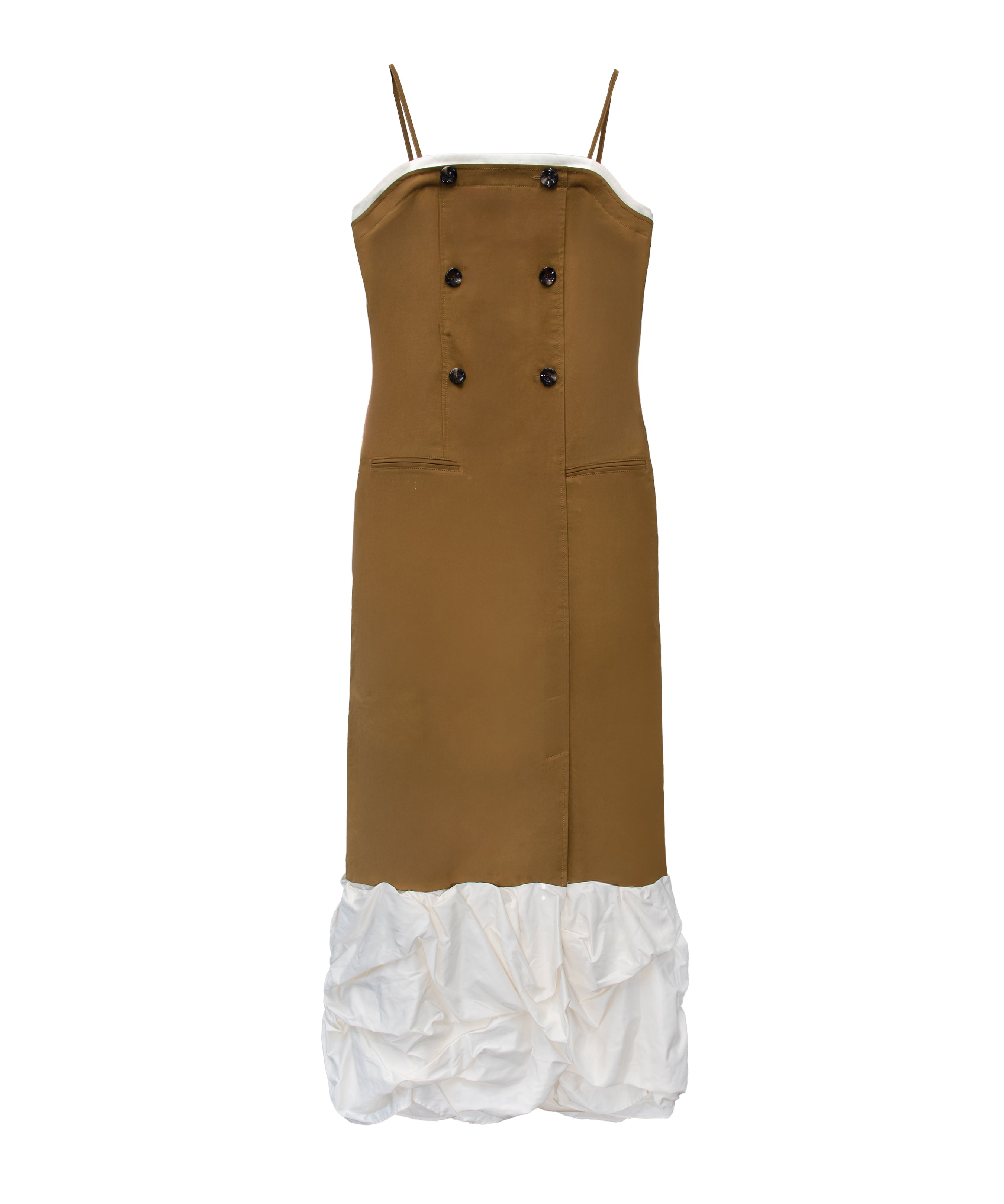 TRENCH BUBBLE DRESS キャメル 正面全身物撮り画像