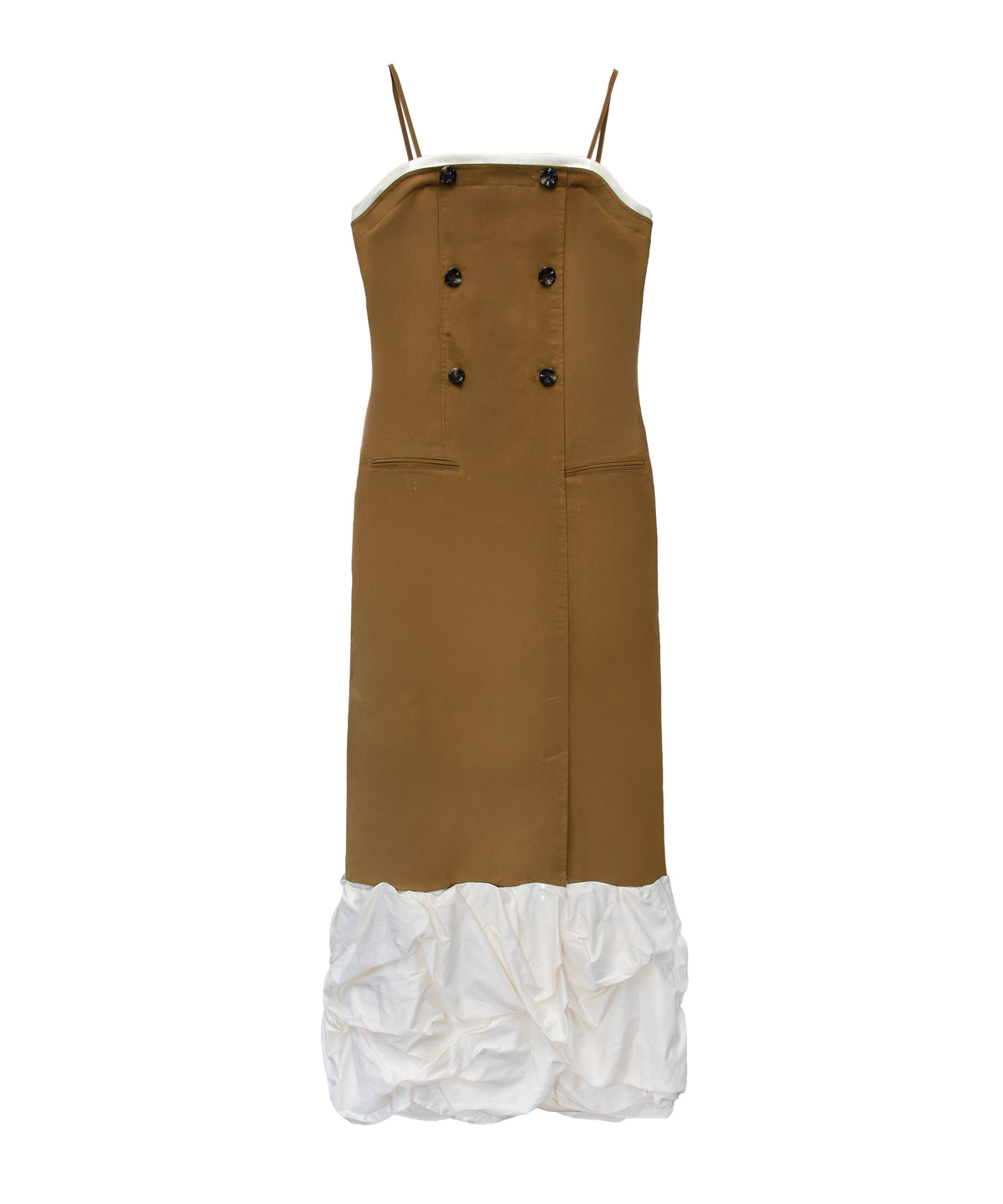 TRENCH BUBBLE DRESS キャメル 正面全身物撮り画像
