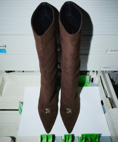 LOGO BUCKLE LONG BOOTS ブラウン 正面全体