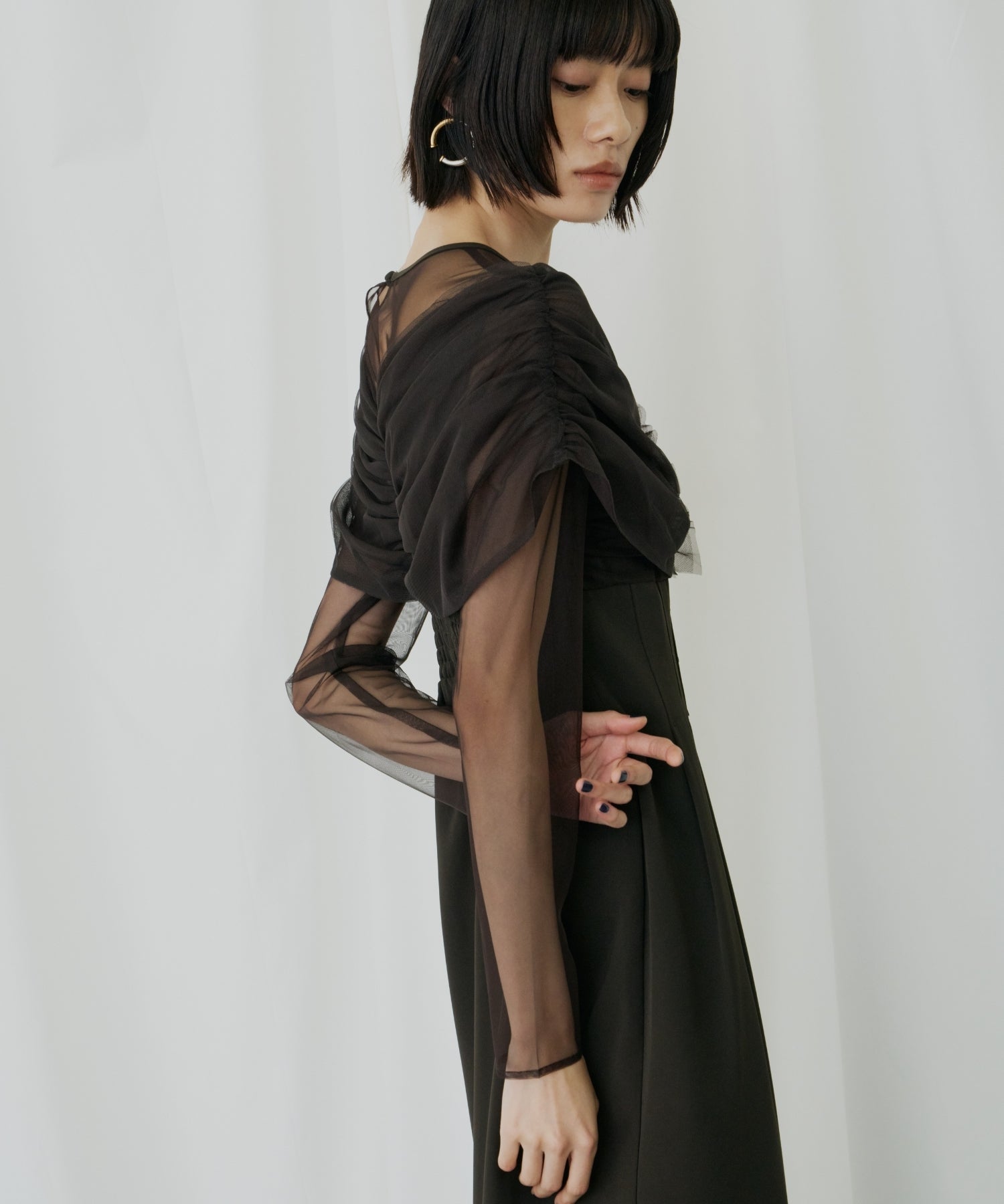 SHEER GATHERED COLUMN DRESS