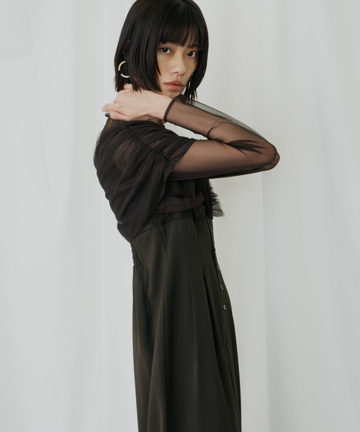 SHEER GATHERED COLUMN DRESS