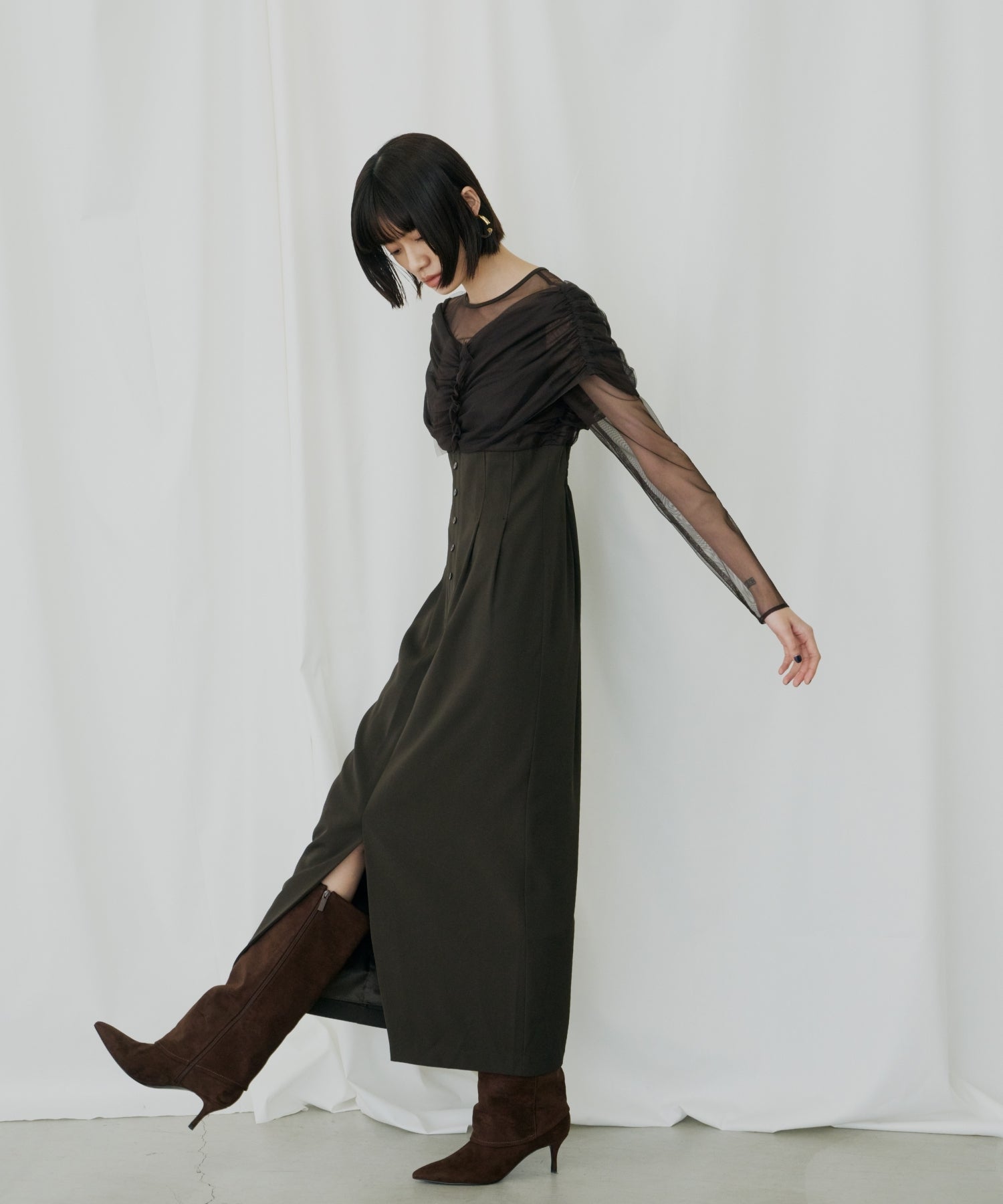 SHEER GATHERED COLUMN DRESS