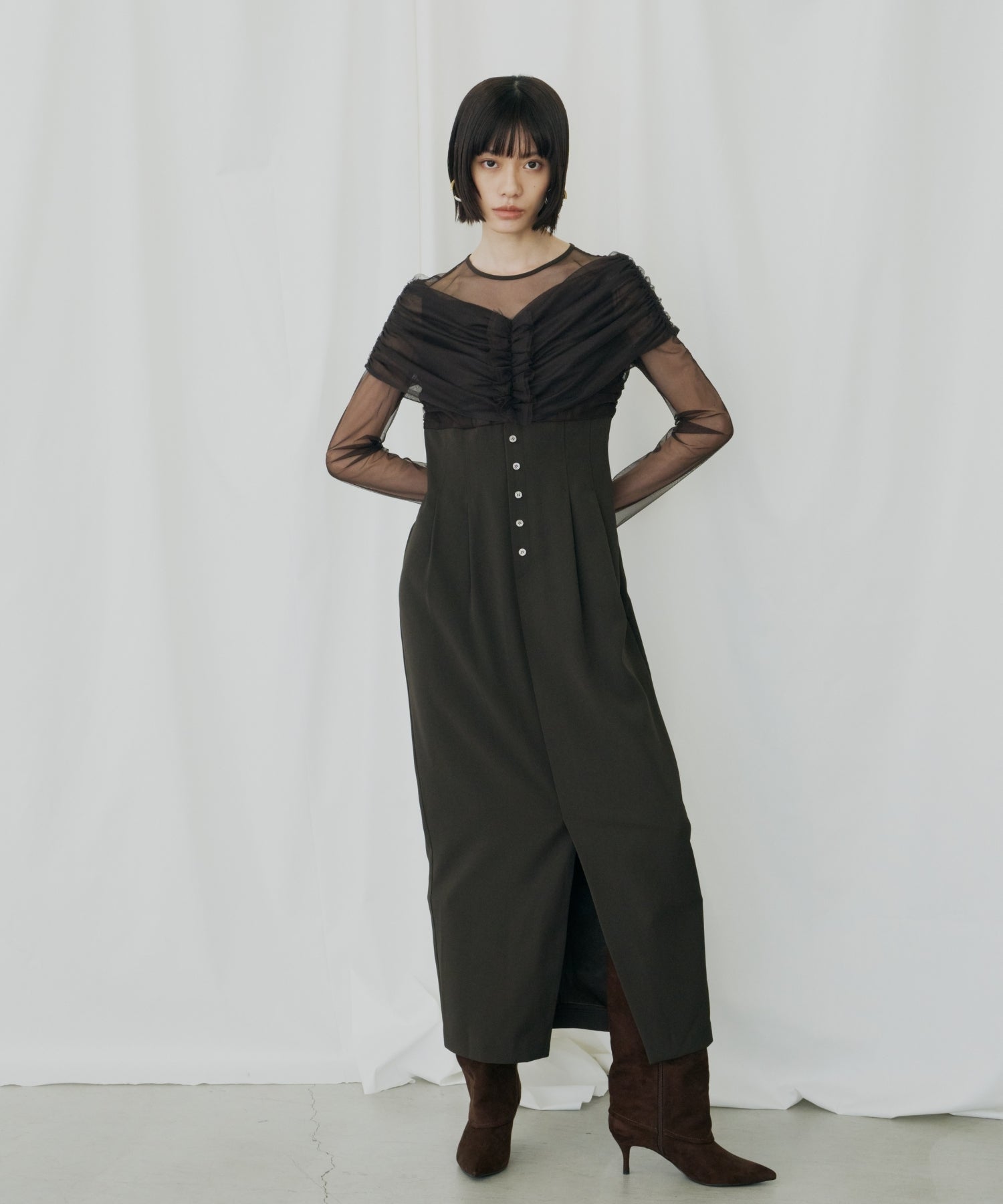 SHEER GATHERED COLUMN DRESS