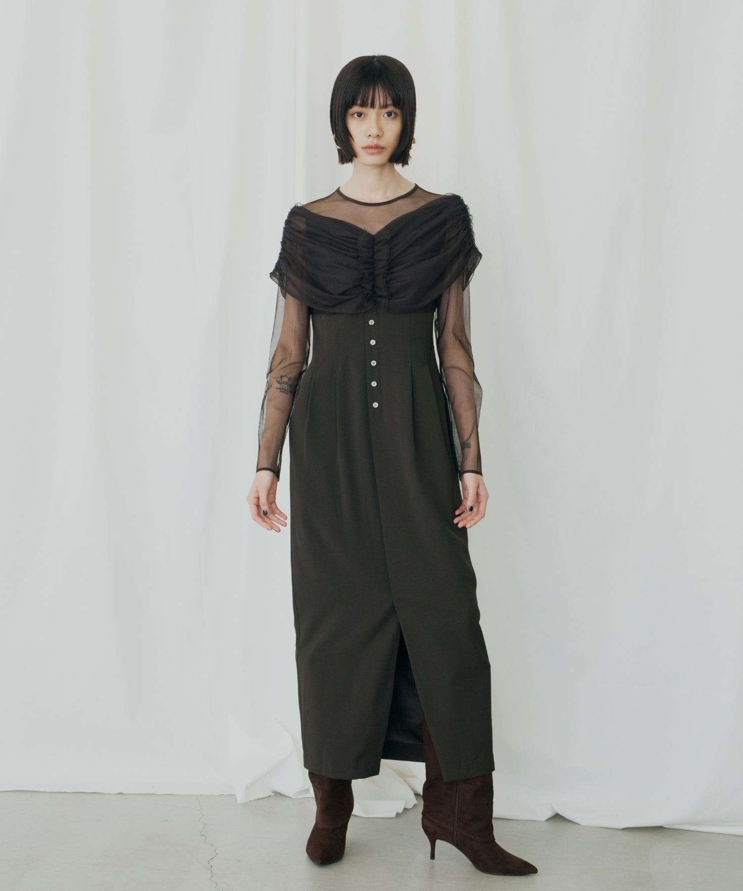 SHEER GATHERED COLUMN DRESS