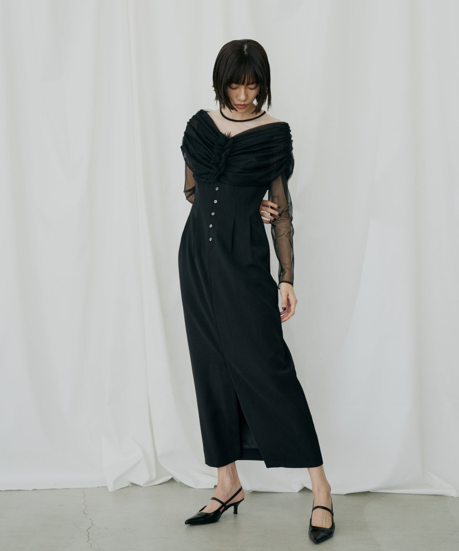 SHEER GATHERED COLUMN DRESS