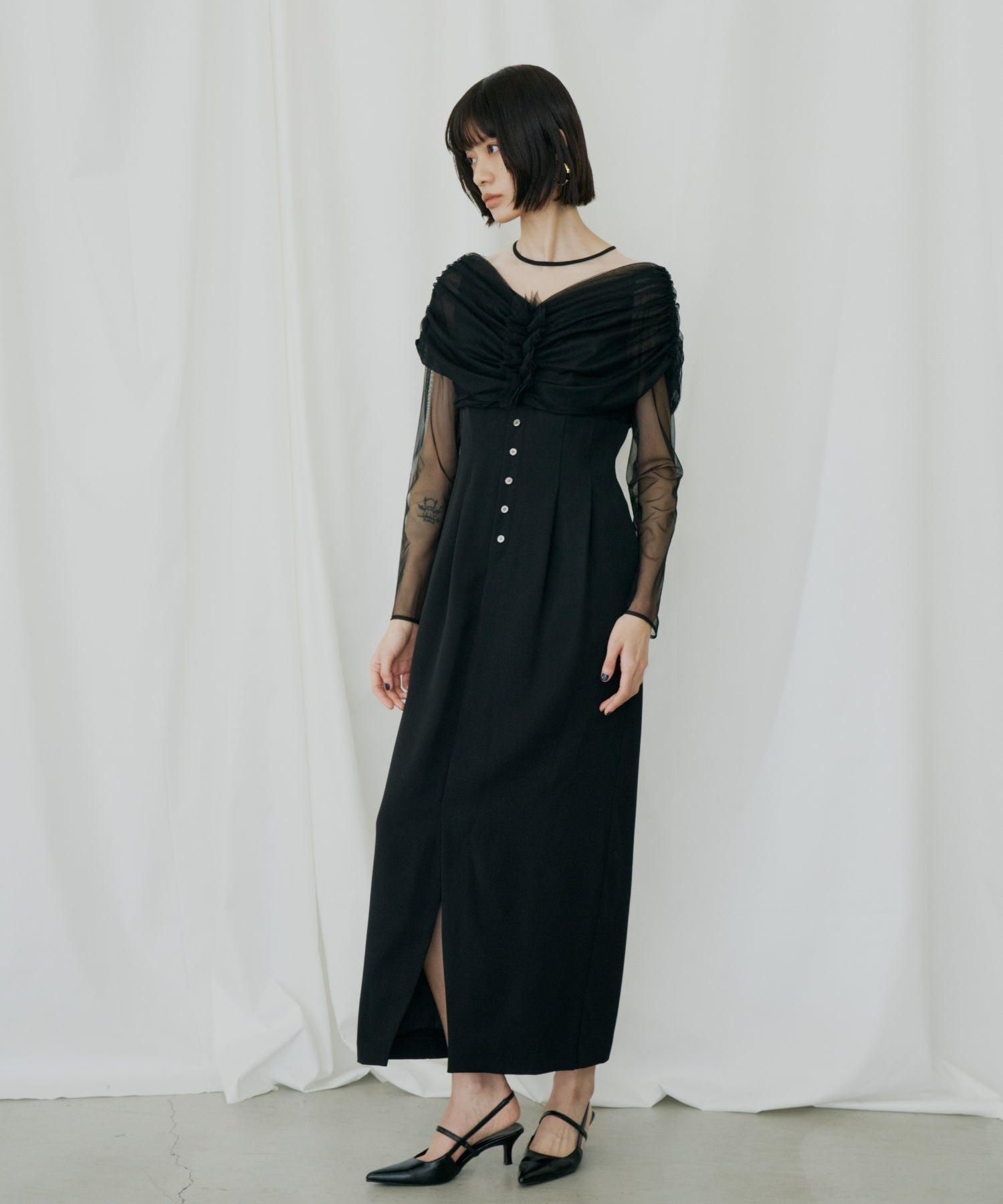 SHEER GATHERED COLUMN DRESS