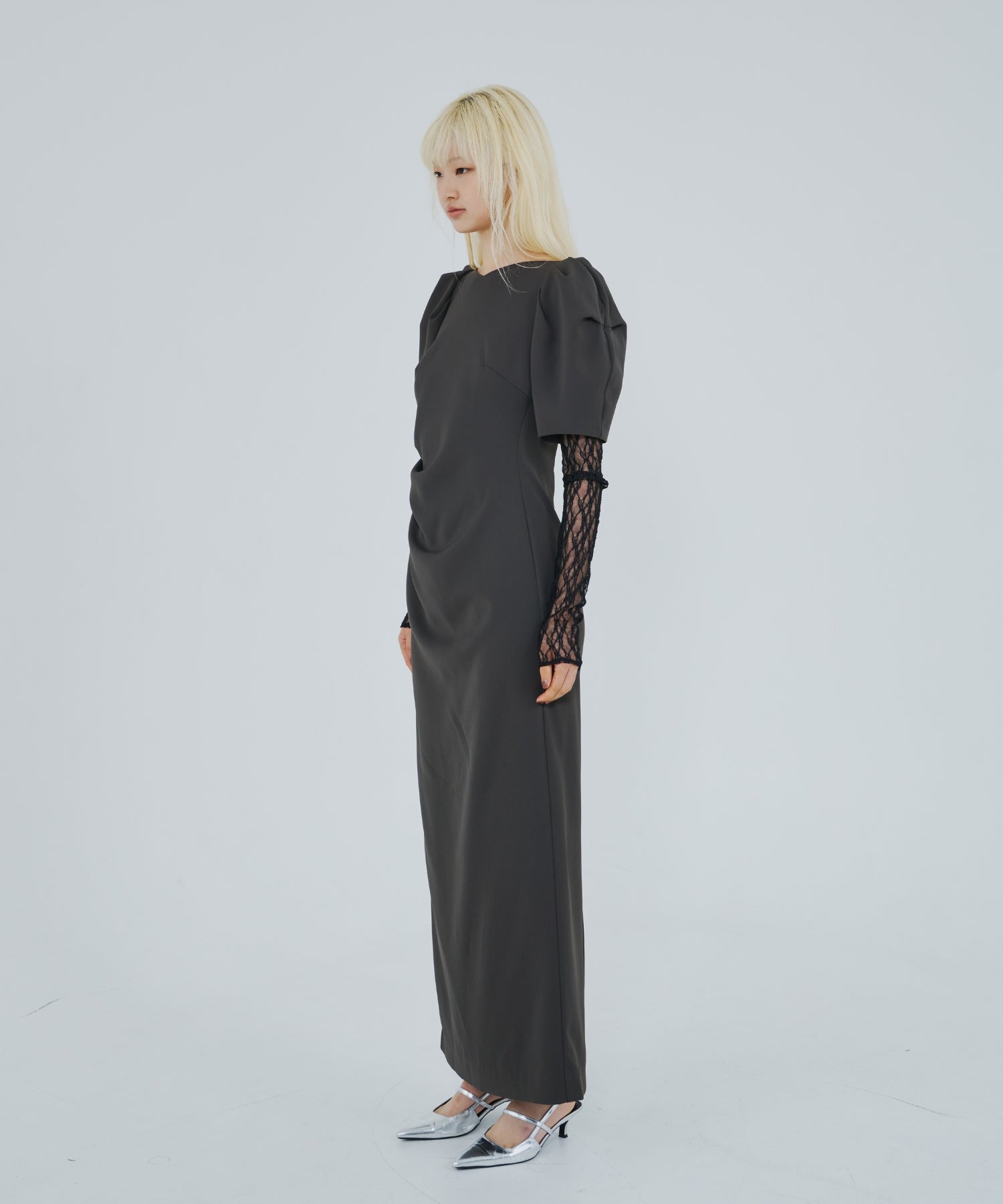 LACE ARM DRAPE DRESS
