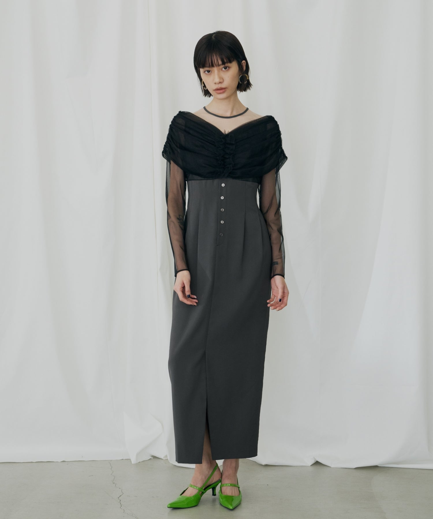 SHEER GATHERED COLUMN DRESS
