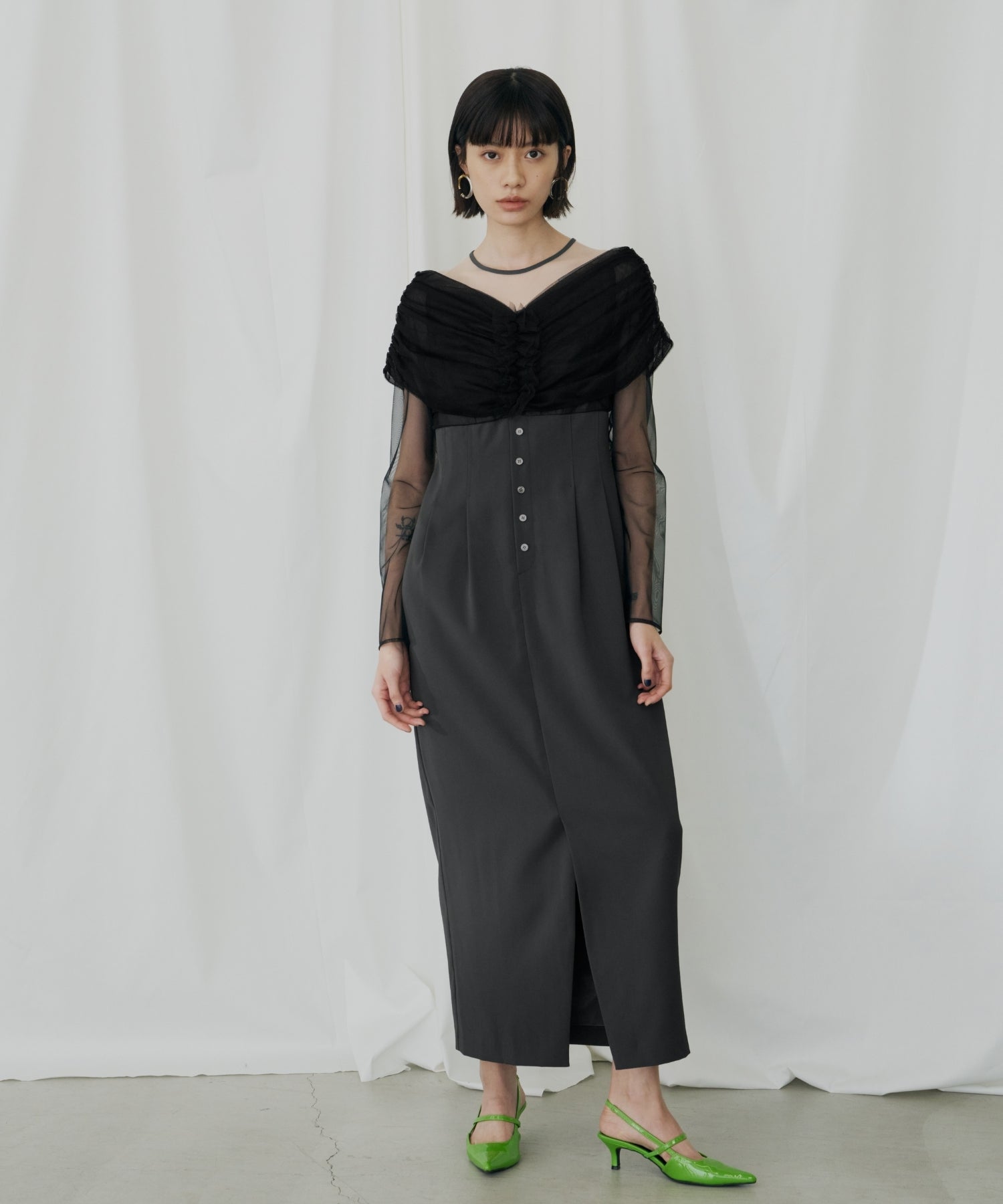 SHEER GATHERED COLUMN DRESS